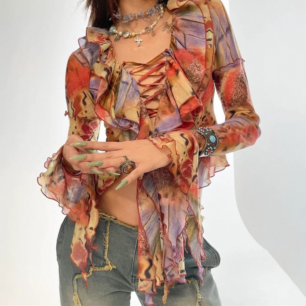 Colorful Sheer Ruffled Top - Picture 2 of 2